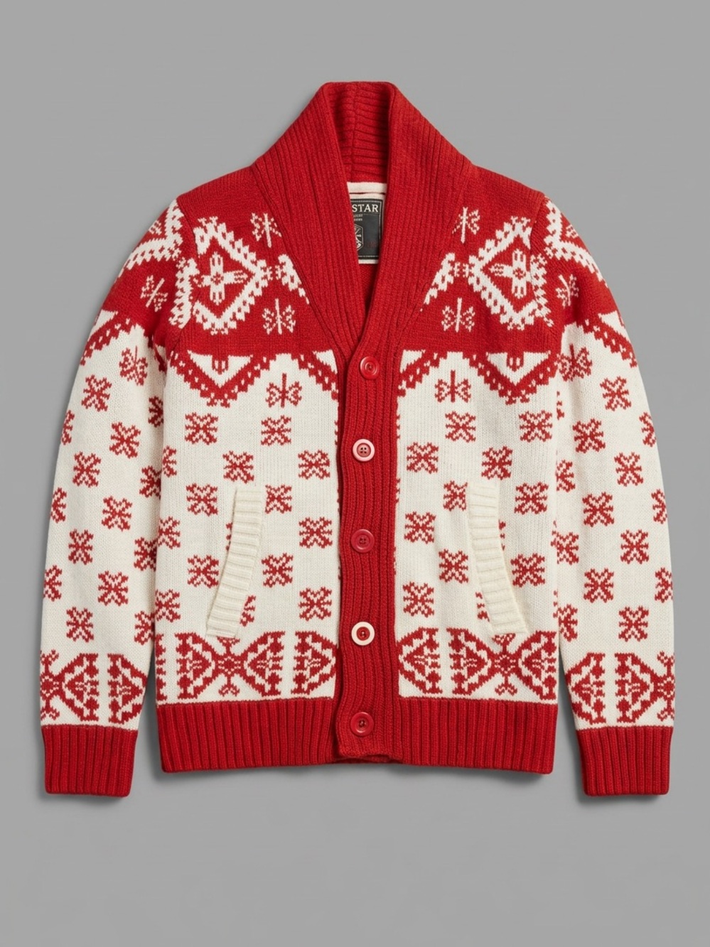 Soul star original knitwear Red & White Fair Isle Shawl Cardigan